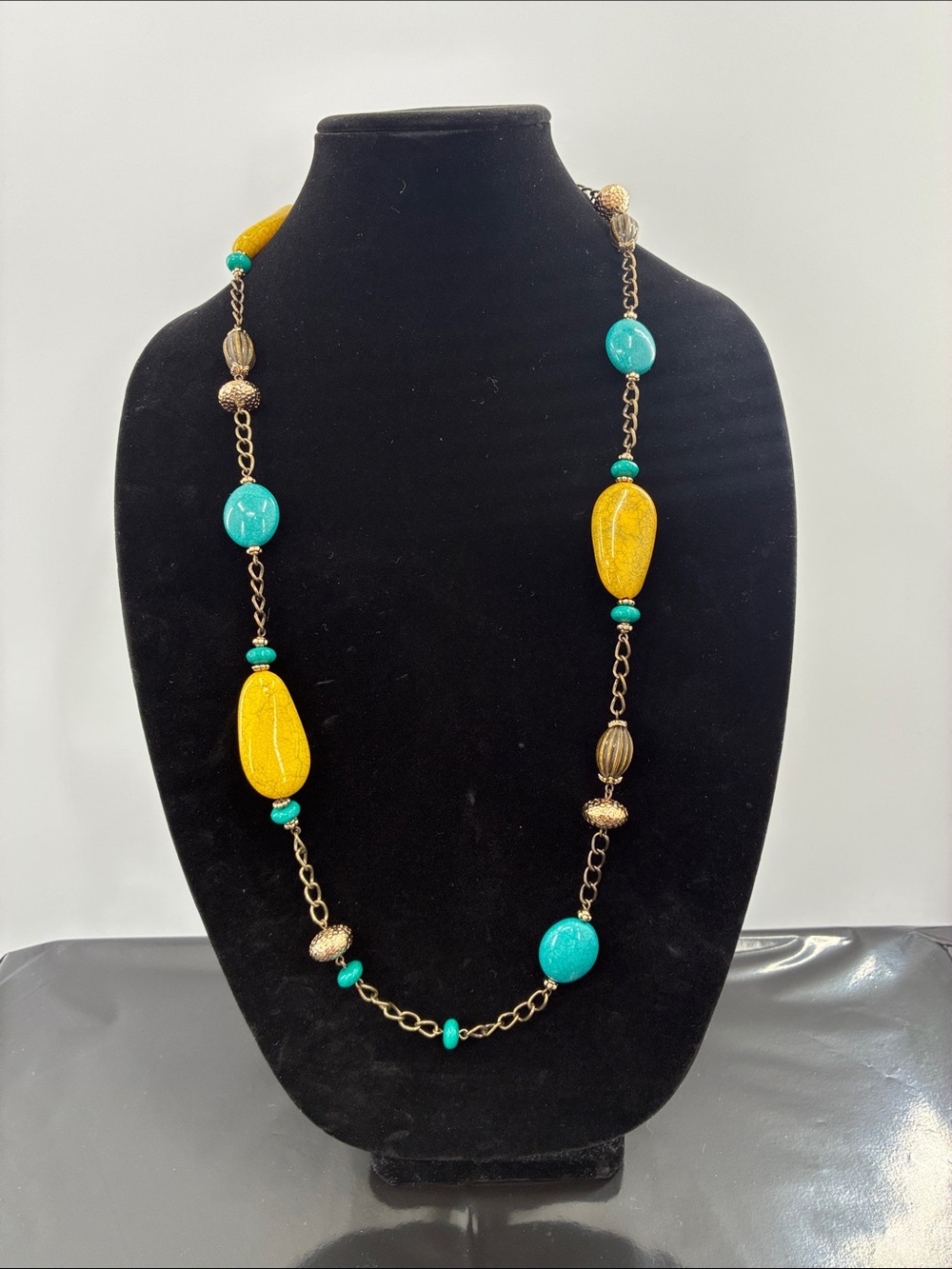 Premier Designs Yellow and Turquoise Beaded Long Necklace
